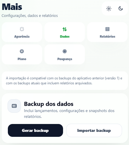 Tela para gerar e importar backup