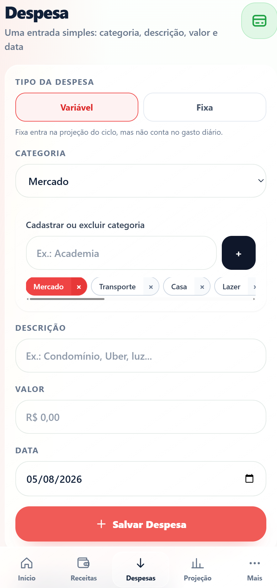 Tela de cadastro de despesa
