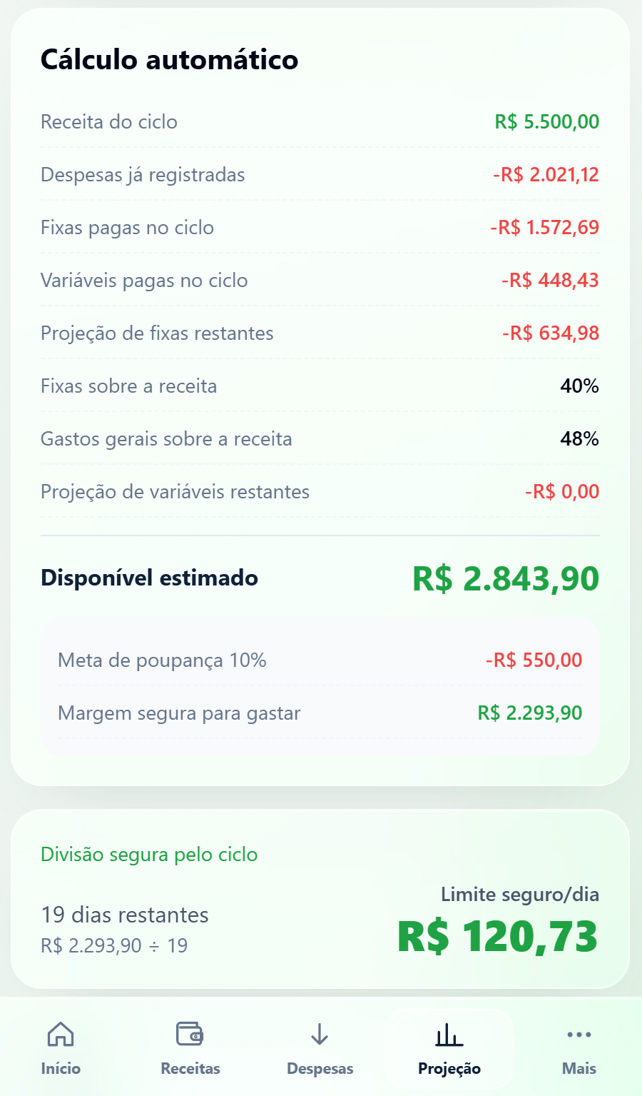 Tela de projeção com cálculo automático e limite seguro por dia