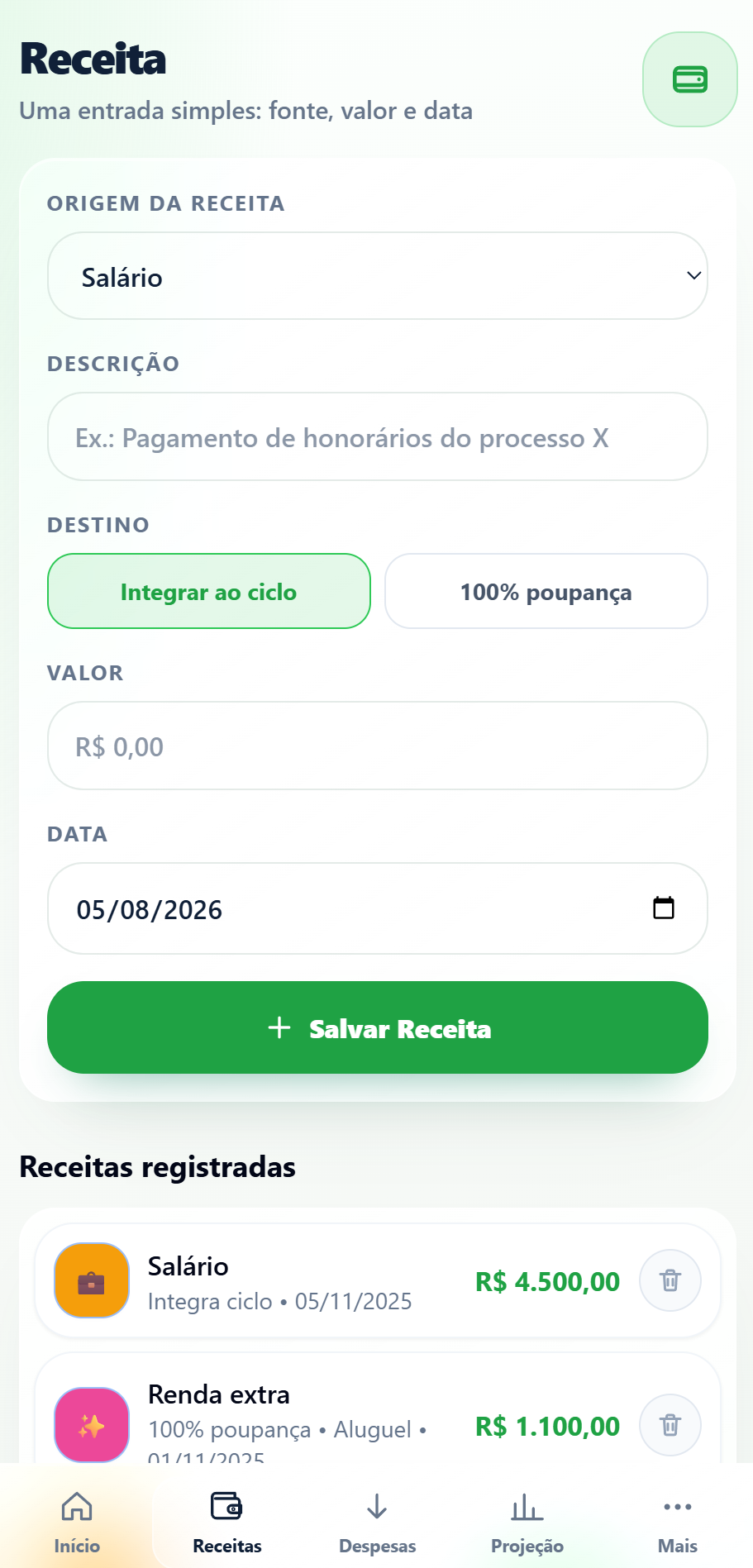 Tela para cadastrar receitas