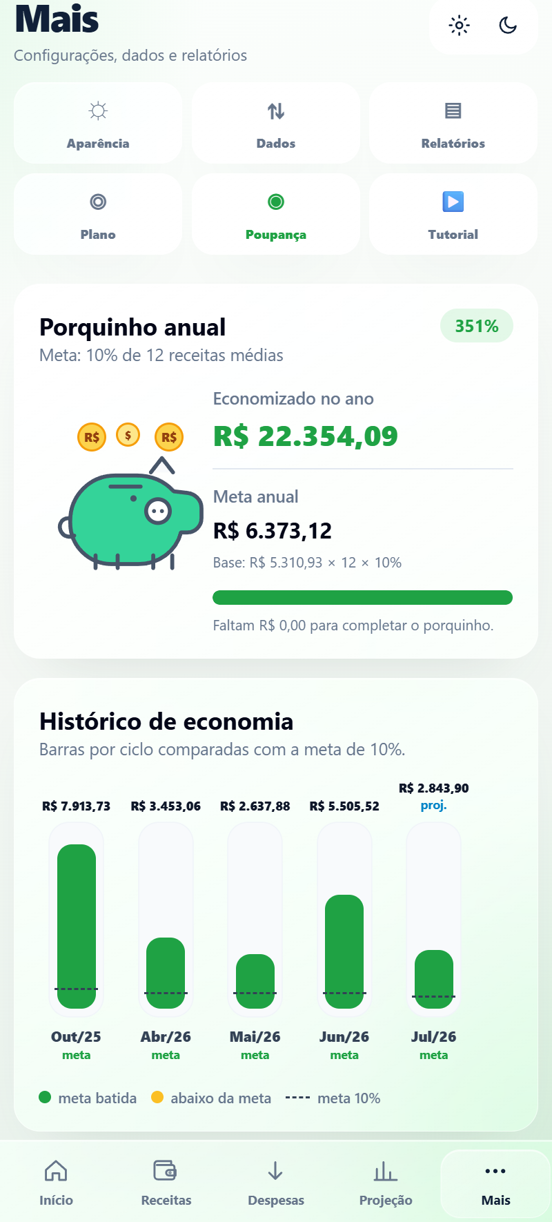 Tela de acompanhamento da poupança